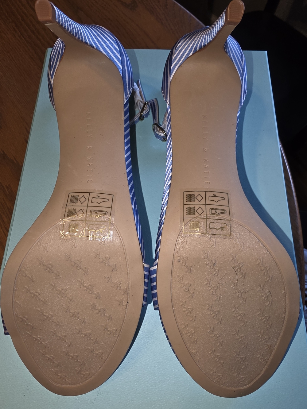 Kelly & Katie Kirstie Blue Stripe Ankle-Strap Sandals 3" Heel - Picture 3 of 4